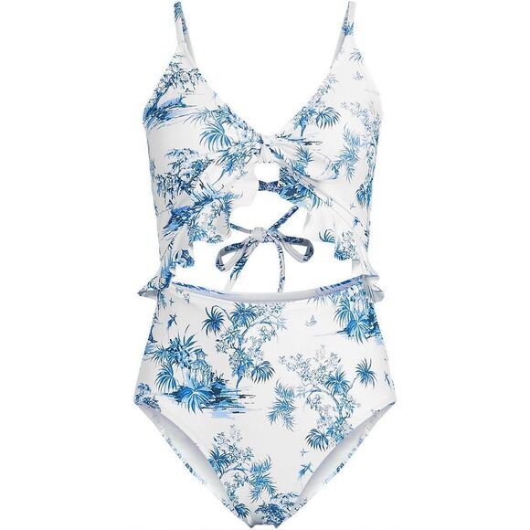 Land's End One piece swimsuit Tie front back ruffle cut out country meadow Var - Picture 2 of 7